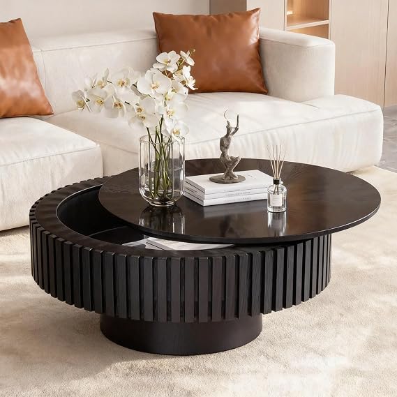 Round Coffee Table with Storage, Round Drum Fluted Coffee Table Black 80cm