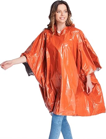 ANLOKE Multipurpose Emergency Rain Poncho with Mylar Space Blanket Liner(4-Pack) - Essential Survival Gear for Outdoor Protection-Orange