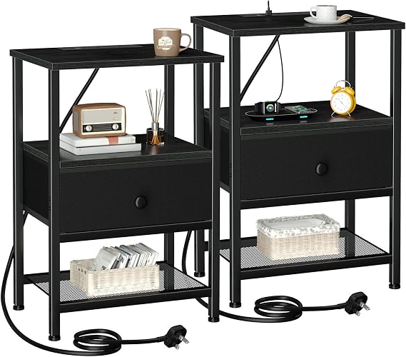AMHANCIBLE Bedside Tables Set of 2, Side Table with Charging Station