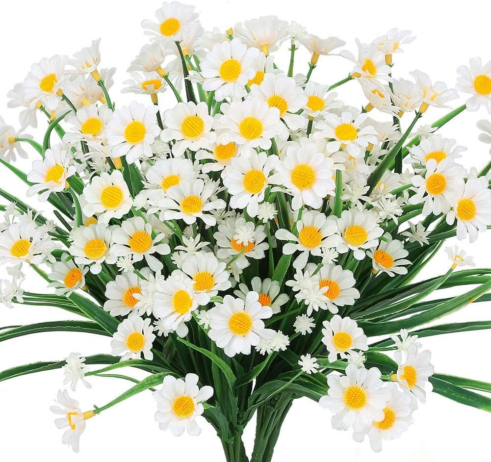 8 Pcs Artificial Daisy Flowers Outdoor Fake Flowers for Decoration Faux Plastic Foliage Greenery Shrubs Flower Garden Porch Window Box Hanging Plants Indoor Decor White-8 Pcs
