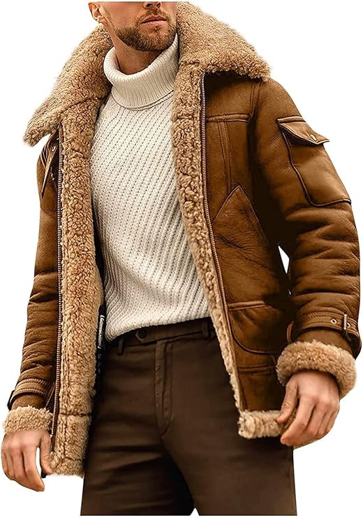 Faux Shearling Leather Jackets Men,Sheepskin Leather Jacket,Zipper Fur Coat Men Spread Collar. (Color : Brown, Size : Small)