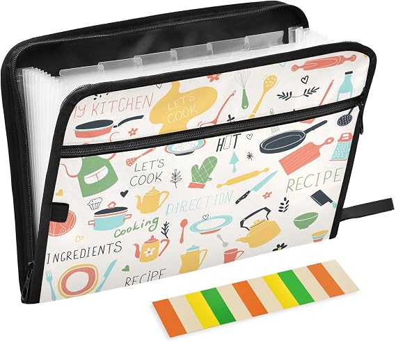 13 Pockets Expanding File Folder with Zipper Closure, Kitchen Icon Sets Recipe Accordion File Folder with Sticky Labels, Letter Size A4 Papers Expandable File Document Organizer