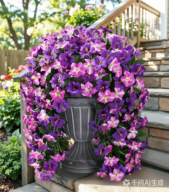 HyeFlora Artificial Flowers for Outdoors, 2pcs Faux Hanging Morning Glory Silk Fake Flowers Lifelike Artificial Plants UV Resistant Flowers for Outside Planter Patio Garden Porch Decor (Rose red)