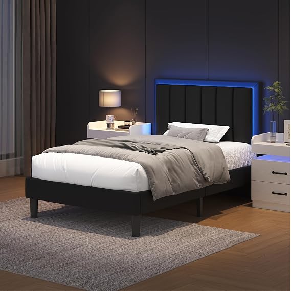HOMBCK Single Bed Frame with LED Lights,Black 90x190