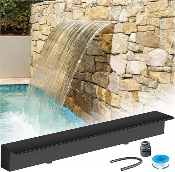 Pool Waterfall Spout Custom，Rectangular Pool Waterfall Fountain 304 Stainless Steel，12-80in Waterfall Spout for Water Wall for Garden Patio Backyard(Black,60in/152.4cm Water Outlet)