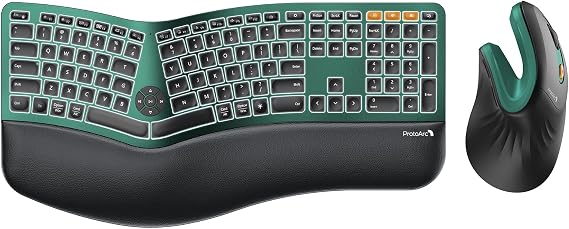 ProtoArc EK01 Plus Backlit Full Size Wireless Ergonomic Keyboard Green and EM11 NL Bluetooth Vertical Mouse Green