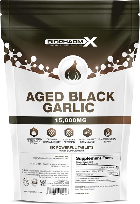 Aged Black Garlic Tablets 15,000mg (180 Vegan Odourless Garlic Tablets) High Strength Black Garlic Extract with SAC & Vitamin B1