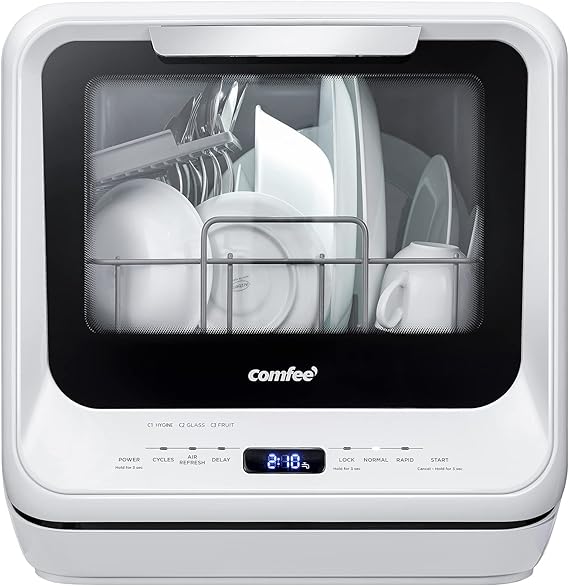 COMFEE' Portable Dishwasher Countertop with 5L Built-in Water Tank, No Hookup Needed, 6 Programs, 360 Dual Spray, 192F High-Temp& Air-Dry Function, Mini Dishwasher for RVs, White