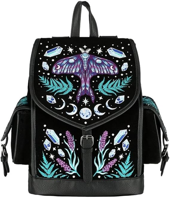 Restyle Enchanted Forest Backpack Magic Gem Velvet Goth Witch Moth Embroidery, Black