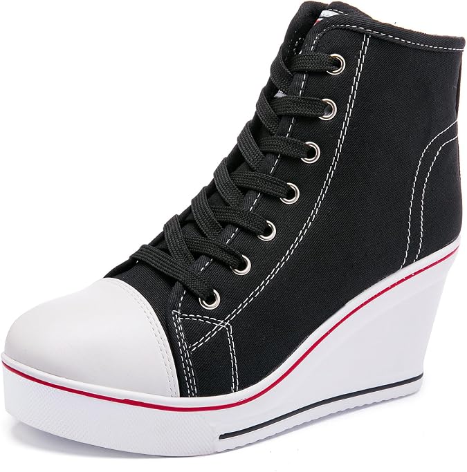 Wedge Sneakers for Women, High Heel Platform High Top Canvas Shoes Lace up Zipper Fashion Sneakers, Tenis Zapatos de Cuna Plataforma Tacon para Mujer, Suitbale for Y2K & Harley Quinn Cosplay