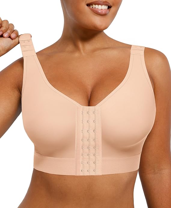SHAPELLX Post Surgery Compression Bras Front Closure Mastectomy Bra Wirefree No Underwire Shapewear Top Beign Beige