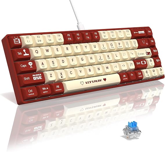 AJAZZ AK680 65% Kablolu Hotswap Mekanik Oyun Klavyesi,68 Tuşlu Taşınabilir Anti-Ghosting Klavye,Gökkuşağı Arkadan Aydınlatmalı Programlanabilir,Ergonomik,Kahverengi Kırmızı Beyaz, Anahtar-Mavi
