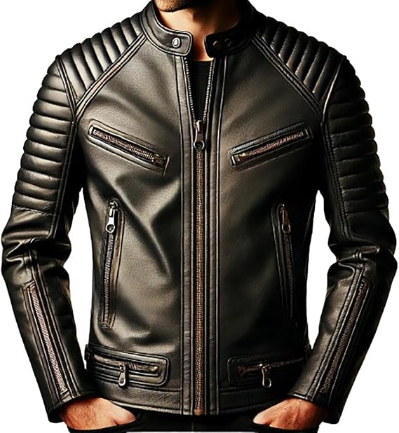Black Leather Cafe Racer Jacket Men - Mens Cafe Racer Retro Leather Jacket