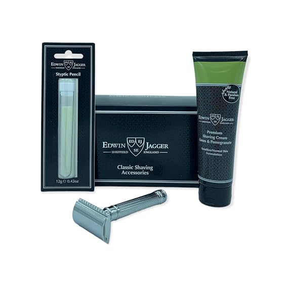 Edwin Jagger Boxed Gift Razor Shaving Set for Men - Classic Double-Edge Safety Razor | Shaving Cream | Styptic Pencil (DE87 Razor Razor, Sandalwood Shaving Cream, SP)