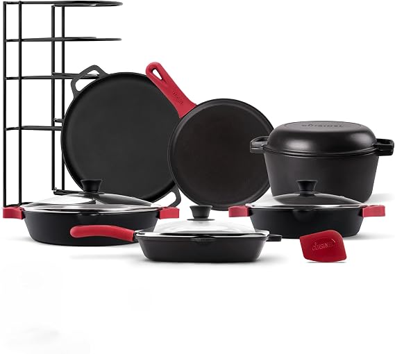 Cuisinel Cast Iron 18-Piece Preseasoned Cookware Set: 10"+12" Skillets w/Lids + 5-Qt Dutch Oven + 10.5" Square Grill Pan w/Lid + Pizza Pan + Round Griddle + 15" Organizer +Scraper + Silicone Handle