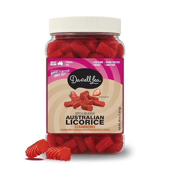 Darrell Lea Bulk Australian Licorice, Non-GMO, No Palm Oil, No High Fructose Corn Syrup, Soft & Chewy Licorice Candy, Made in Australia (3 Pound Bulk Tub, Strawberry)
