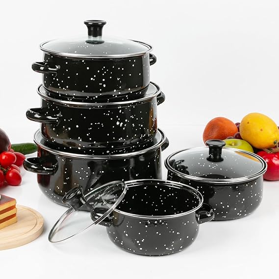 Premium Enamel Cookware Set (5-Piece) - Non-Stick Stockpot & Stew Pot with Durable Glass Lids - Compatible with All Hob Types - Oven Safe & Dishwasher Friendly