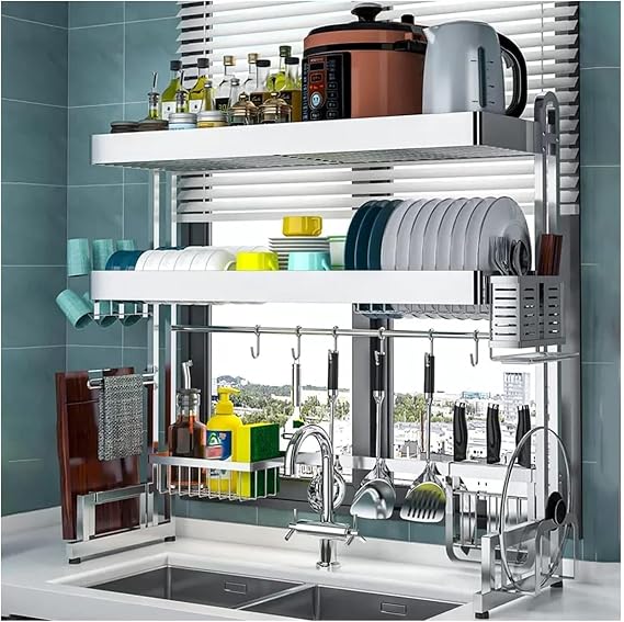 Dish Drying Rack,Large Dish Drying Rack Dish Drying Rack Large Storage Kitchen Dish Drainer Rack Stainless Steel Over Sink Dish Rack Display for Kitchen Organization Storage(64x32x83cm)