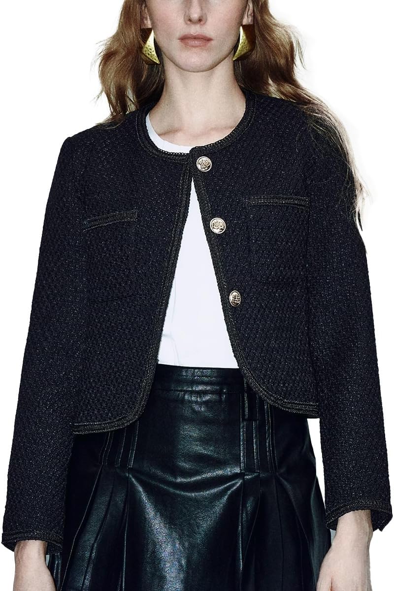 Womens Casual Business Cropped Tweed Blazers Jacket with Pocket Slim Fit Long Sleeve Short Suit for Work Office