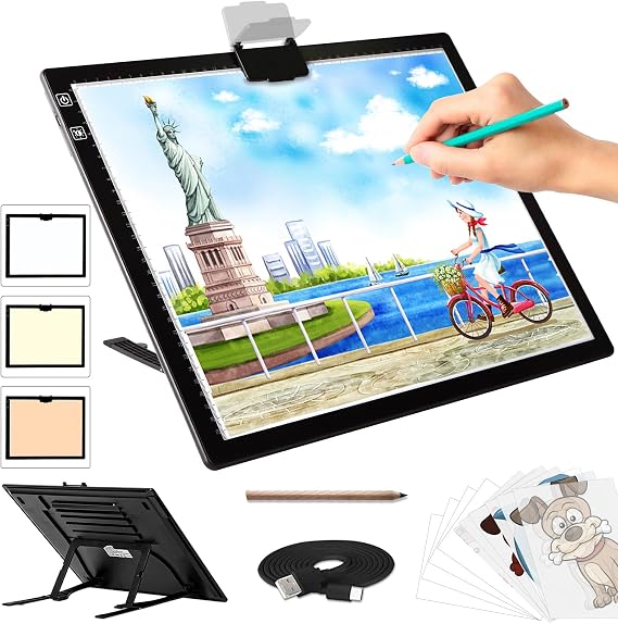 A3 Light Pad - Rechargeable Diamond Painting Light Board with Stand, 3 Colours Stepless Dimmable 6 Levels Brightness Tracing Light Box, Battery Powered Portable Light Pad for Weeding Vinyl Tracing