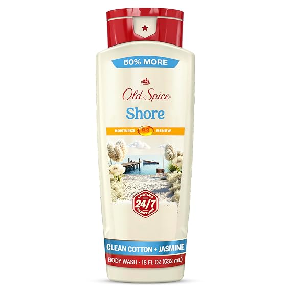 Old Spice Cleansing Body Wash for Men, 24/7 Shower Fresh with Lasting Scent, Moisturize & Renew, Gentle on Skin, Vitamin B3, Shore with Clean Cotton & Jasmine Scent, 18 oz