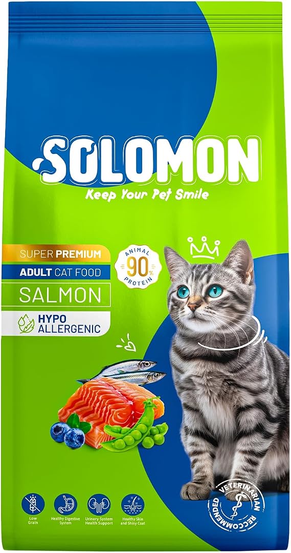 Solomon Yetişkin Somon'lu Süper Premium 9 Kg Somonlu Kedi Maması - Hipoalerjenik - Düşük Tahıllı - Yüksek Hayvansal Protein - Tüy Dökülme Engelleyici - Kolay Sindirilebilir - Kedi Maması
