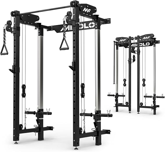 Mikolo Folding Squat Rack, Wall Mounted Power Rack with Cable Crossover Machine & LAT Pull Down, Functional Trainer with 5 Adjustable Function Modes, Home Gym Package