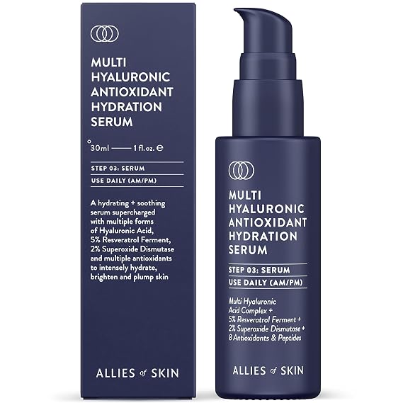 Allies of Skin Multi Hyaluronic Antioxidant Hydration Serum: Niacinamide, Vitamin E, Astaxanthin, Superoxide Dismutase. Anti-Aging. Intensely Hydrates, Brightens & Strengthens Skin 1 oz / 30 ml