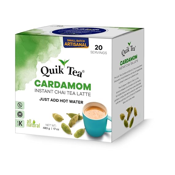 QuikTea Instant Chai Tea Latte Mix, Cardamom, 20 Sachets | Single Serve, Artisanal Indian Chai Latte, Just Add Hot Water, Low Caffeine, Non-GMO, Gluten Free
