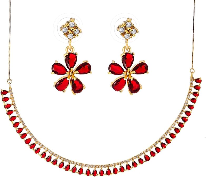 Jewar Indian Necklace Set AD CZ Elegant Gold Plated Sparkling Crystals Choker with Earrings Jewelry for Women | Traditional Ethnic Wear | Perfect for Weddings, Festivals, Parties, and Gifts