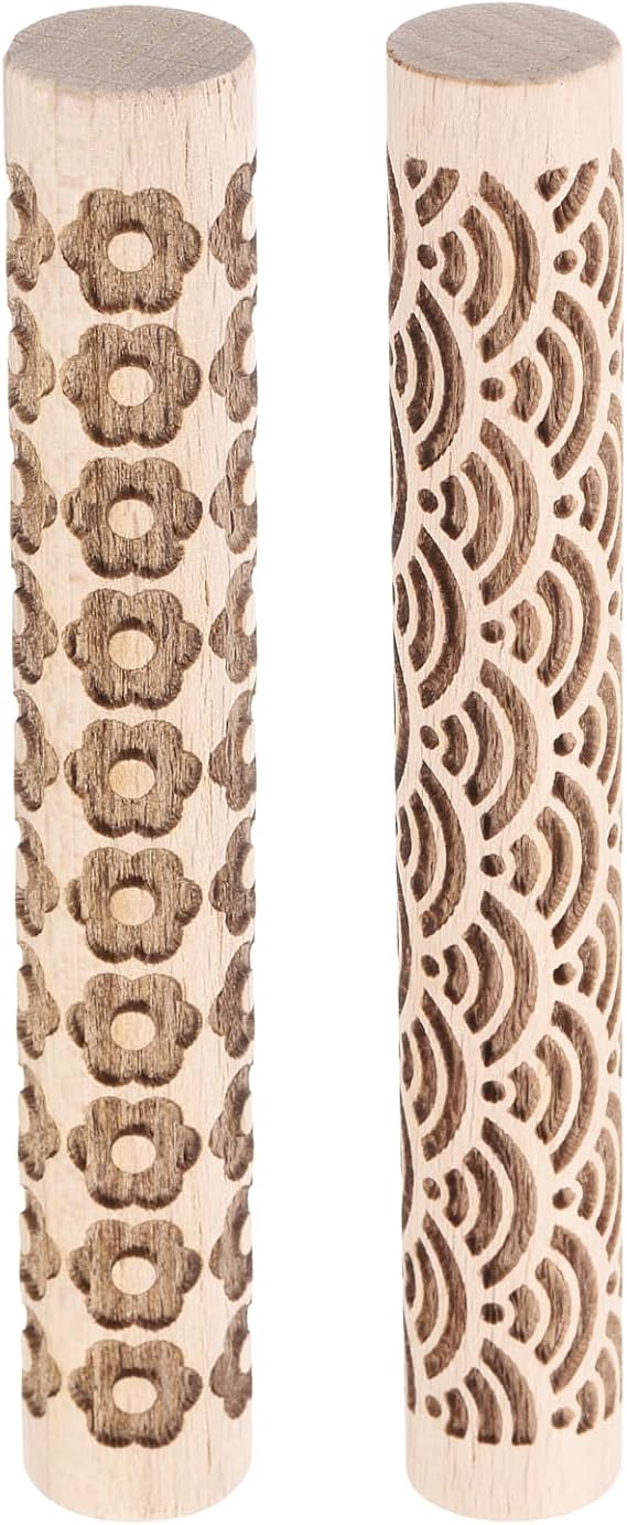 sourcing map Wood Clay Roller 4" Water Wave Flower Pattern 2 Pcs