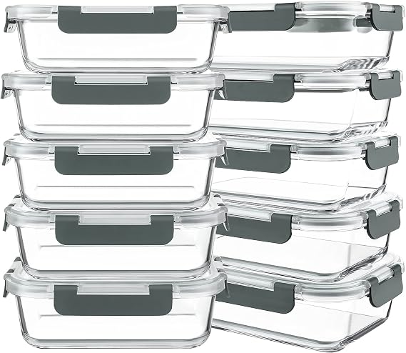 KOMUEE 10 Packs 30 oz Glass Meal Prep Containers with Lids | Glass Food Storage Containers with Lids, Airtight Lunch Bento Boxes, Microwave, Freezer and Dishwasher, Gray