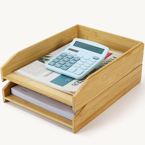MultiBey A4 Bamboo Stackable Paper Tray 2-Pack - 2-Tier Desk Organizer