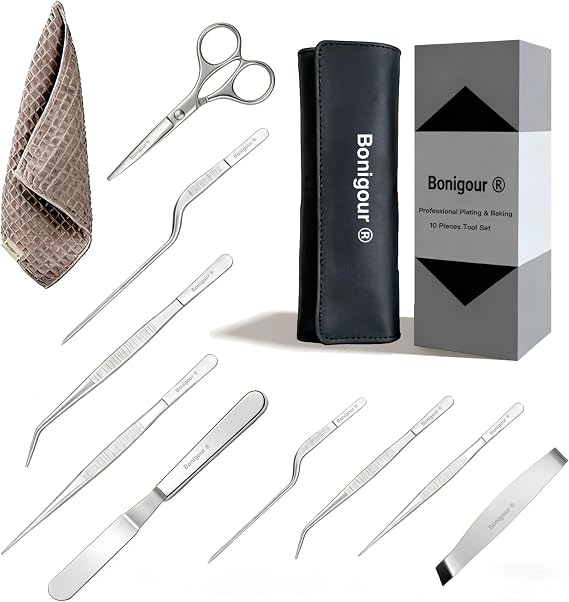 | Pastry Chef's Plating Tools Culinary Set | 10 Piece Professional Pastry Chef Plating Utensils | Spatula, Tweezers, Chef Scissors for Biscuit Decoration, Platig | Stainless Steel (Silver)