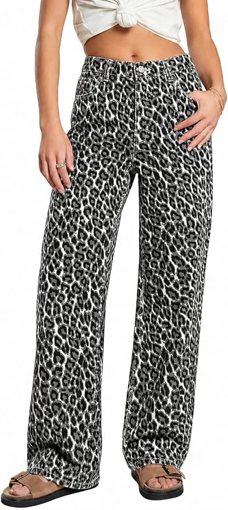 Baggy Jeans Womens High Waisted Leopard Print Jeans Wide Leg Denim Pants | Cheetah Printed Pants Loose Fit Y2k Vintage Style Trousers, Casual Outfit Trendy Street Wear, Without Sagging All Day Long