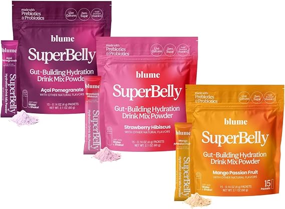 Blume SuperBelly Gut Health + Hydration, Daily Sugar Free Probiotics, Prebiotic Fiber, and Electrolytes Powder Packets for Digestion Support, Variety Pack - Strawberry, Acai, Mango, 45 Sticks