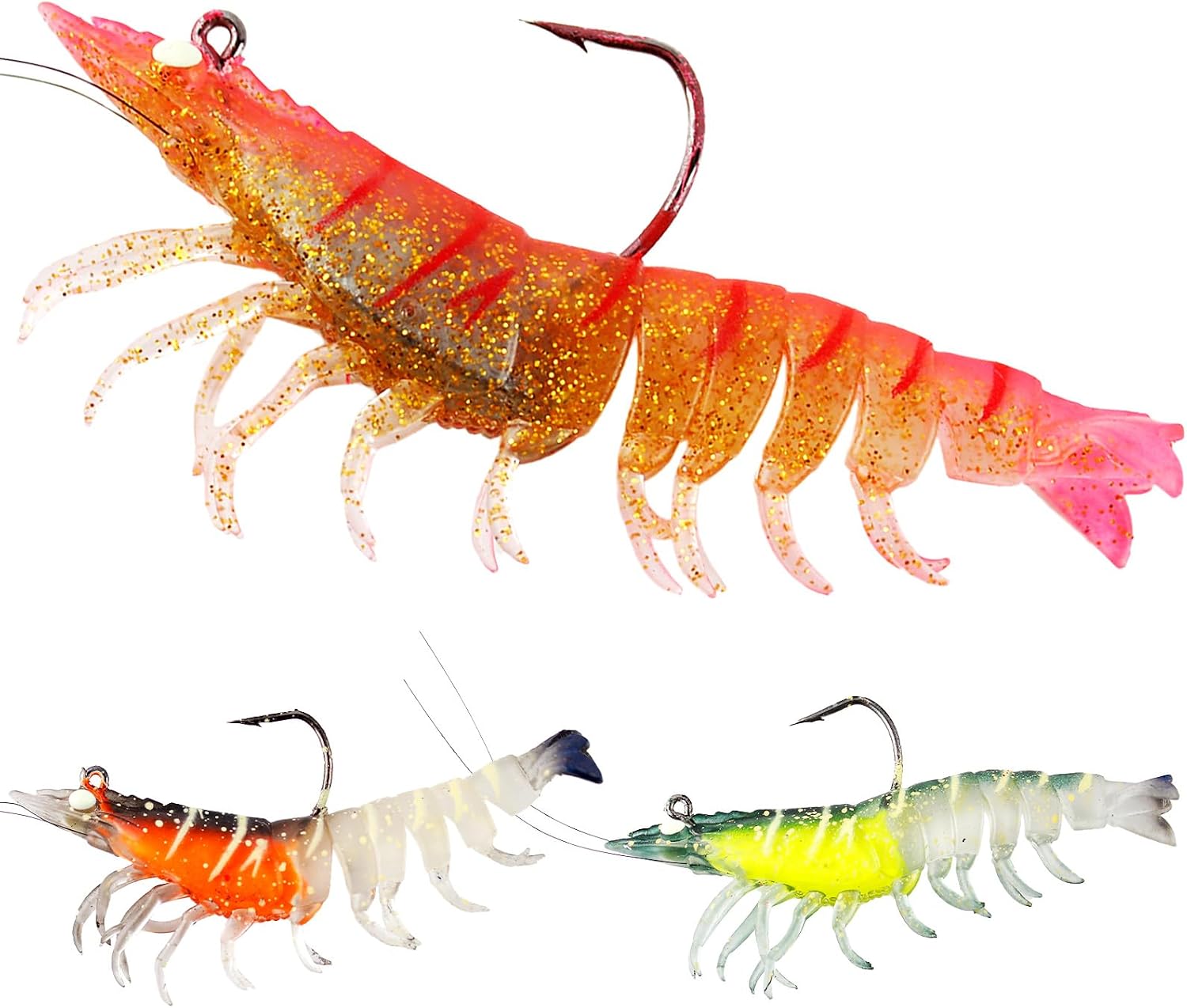 3Pcs Shrimp Fishing Lures for Saltwater and Freshwater Soft Bait Pre-Rigged Glow Eyes Lifelike Silicone Prawn Jig for Bass Trout Redfish Flounder Crappie Snook Walleye Fishing