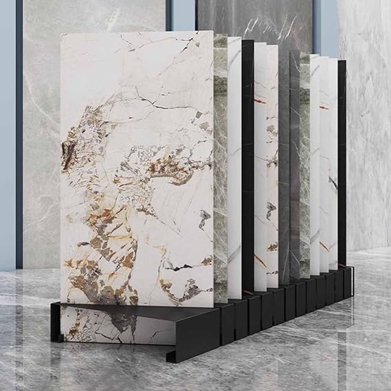 Trade Show Floor Tile Display Rack, Retail Stores Ceramic Sample Holder with 13 Card Slots, Multifunctional Large Format Marble Slab Display Stand(Black)