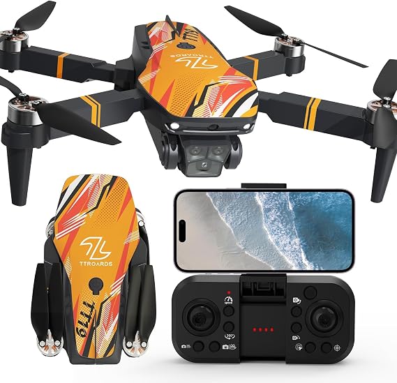TTROARDS Drone with 1080P Camera for Adults, TT19 Brushless Motor Drones with Obstacle Avoidance, Optical Flow Positioning, Foldable Mini Drone for Beginners with Propeller Protection, Orange