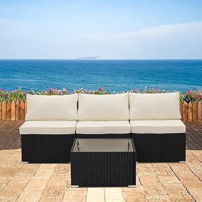 4 Pieces Outdoor Furniture Set, PE Rattan Wicker Sofa Sets, All Weather Sectional Patio Furniture Conversation Sets with Tea Table and Cushions