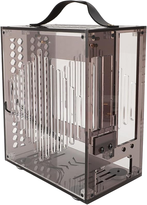FLEXMAN Miniature ITX PC Case, 23X20.5X12cm Clear Arcylic 360° Open Hollow Airflow Portable DIY Desktop Computer ITX Case with Handle (Black)