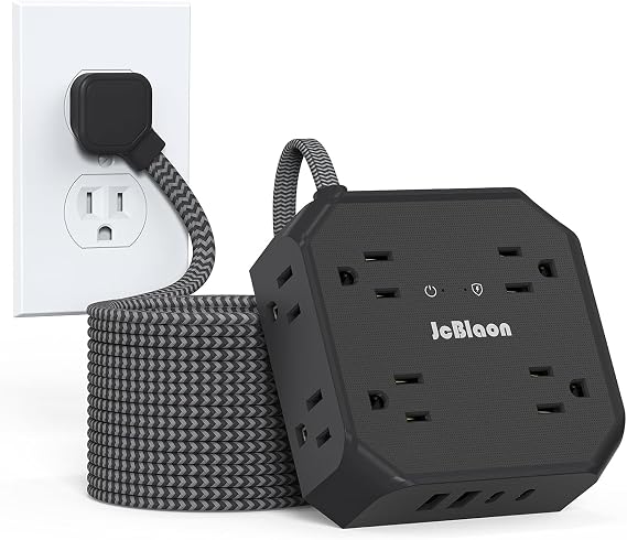 Surge Protector Power Strip-15 Ft Flat Plug Extension Cord with 8 Widely Outlets and 4 USB Ports(2 USB C) Multi Plug Outlet Extender for Office, School, Travel and Dorm Room Essentials-Black