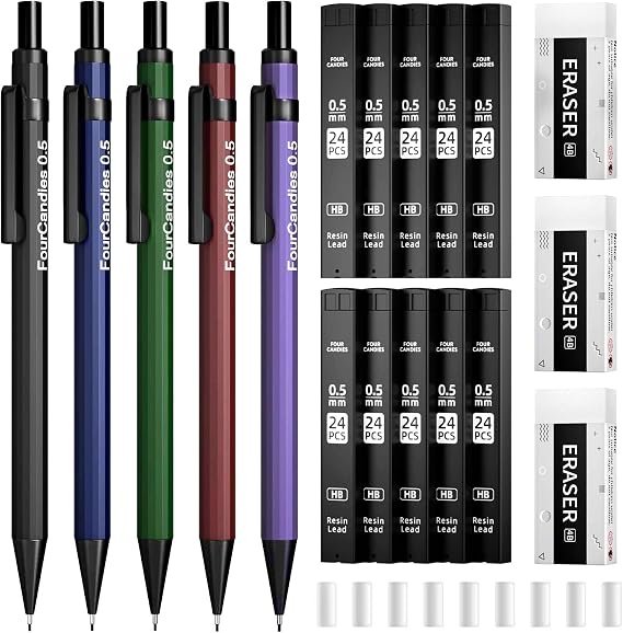 Four Candies Metal Mechanical Pencils 0.5, with #2 Pencil Leads 0.5mm, Eraser Set and Eraser Refills, 19-Count Pack with Case, Back to School Supplies for Writing, Drafting, Drawing