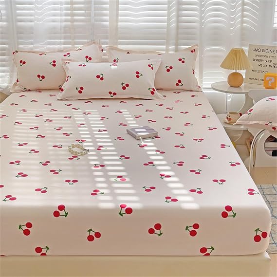 Odot Fitted Sheet with Elastic, Deep Pocket Fitted Sheets Soft Breathable Microfibre Bed Sheets Fade Resistant Easy Care Fitted Bed Sheet for Single Double King Size (Red Cherry,120x200cm)