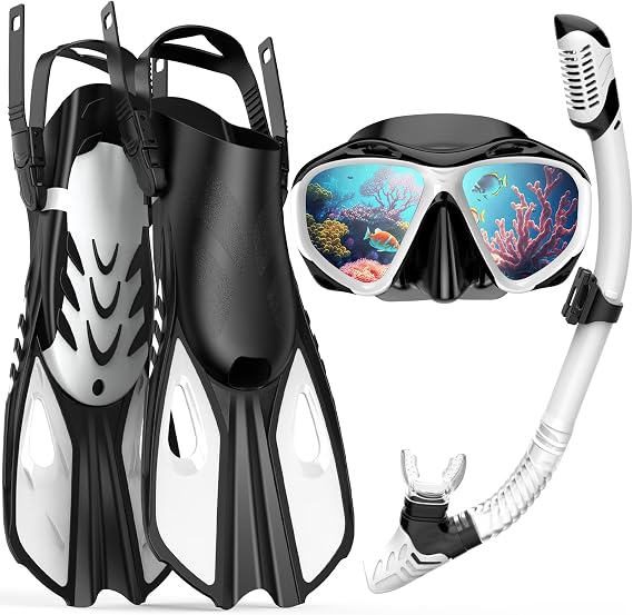 Mask Fin Snorkel Set, Travel Size Snorkeling Gear for Adults with Panoramic View Anti-Fog Mask, Fins, Dry Top Snorkel for Swimming Training, Snorkeling Kit Diving Packages