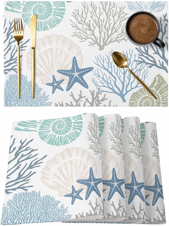 Coastal Placemats Set of 6, Summer Beach Blue Teal Coral Placemats for Dining Table, Nautical Seaside Starfish Cotton and Linen Table Mats Washable for Kitchen, Party, Wedding, 13x19 Inches