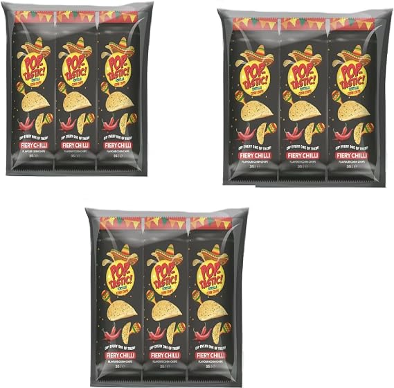 Pop Tastic Fiery Chilli Flavour Corn Chips 3 x 35g – Spicy Crunchy Snack – Bold Flavoured Crisps – Heat-Lovers’ Favourite – Pack of 3 Bags (3x PopTastic Fiery Chilli Crisps 3x 35g)