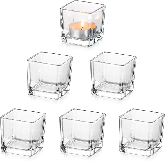 Glasseam Glass Votive Candle Holders: Set of 6 Clear Square Tealight Holder Small Tea Light Holders for Table Centerpiece Wedding Decor