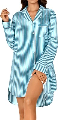 Rooscier Womens Striped Nightgown Collar V Neck Long Sleeve Sleep Shirts Nightdress Button Down Nightwear