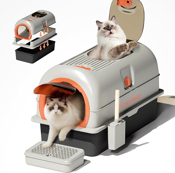 EchoSmile Stainless Steel Cat Litter Box with Lid,Non Stick Litter Box,Grey